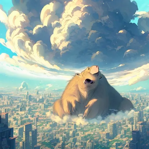 Prompt: Good looking Giant Capybara God looking down From a Cloud on a Big City in an Anime style