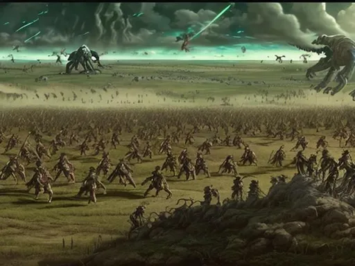 Prompt: Armies of humans & sasquatch battling alien invaders on an open plain.