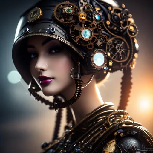 Prompt: Produce a photograph of a steampunk robotic beautiful female android, black skin, dark brown eyes, looking into the camera, with fantasy colors, spot lights, in a light background, high quality, trending art, trending on artstation, sharp focus, studio photo, intricate details, highly detailed, UHD, HDR, 8K, ((Masterpiece))