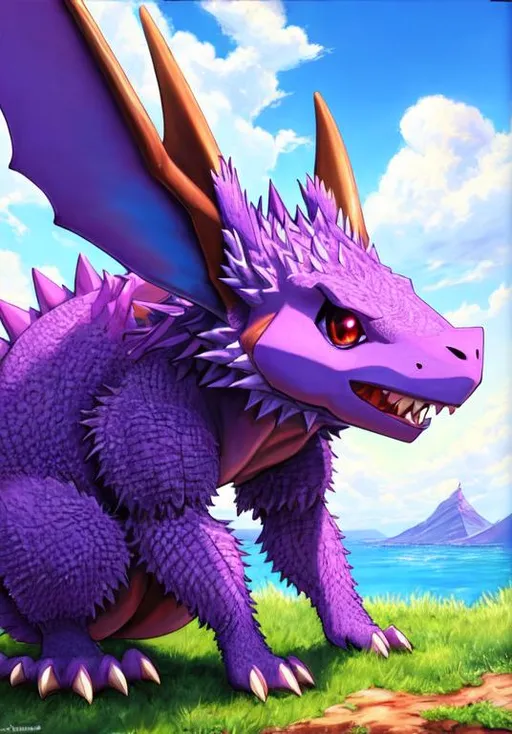 Prompt: UHD, , 8k,  oil painting, Anime,  Very detailed, zoomed out view of character, HD, High Quality, Anime, , Pokemon, Nidoking is a large, bipedal, purple mammalian Pokémon with distinct reptilian features. It has narrow eyes, large, spiny ears, fur-like tufts on its cheeks, and a short snout filled with pointed teeth. There is a long, venomous horn on its forehead and a ridge of spines down its back. Gray plates cover its chest and belly, and there is a gray, rounded spine on each elbow. Each hand has three claws, while each foot has only a single hoof-like nail. It has a long, powerful tail. Nidoking is a male-only species.

It is said that Nidoking's tail is capable of toppling a metal transmission tower. Nidoking uses this tail to smash, constrict, or break the bones of its prey and enemies. The tail can also be swung to create distance between it and its foes before Nidoking charges. Its steel-like hide adds to its powerful, rampaging charges. Nidoking's horn is powerful enough to crush diamonds. Nidoking is known to be very proud of its own strength. When Nidoking goes on a rampage, it becomes impossible to control. Only a Nidoqueen that it has lived with for a long time can calm it down from its rampages. As shown in the manga, Nidoking has strong acid within its claws. Being the result of evolution via an Evolution stone, Nidoking is rarely found in the wild, though they can be found in savannas and plains.
Pokémon by Frank Frazetta