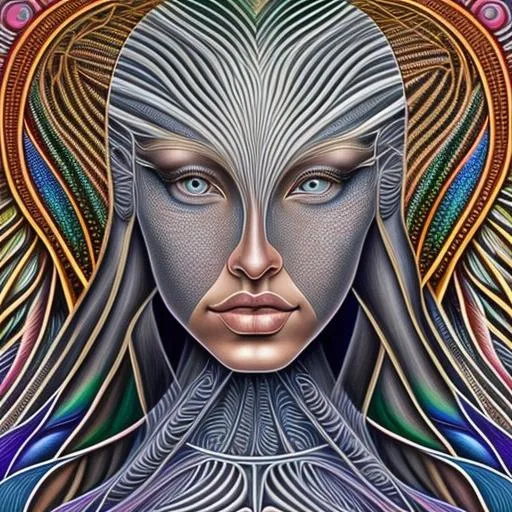 Prompt:  The geometric background is backlit in the style of Alex Grey, the foreground is in the style of Botticelli. A beautiful indigenous  woman, with gray hair, four gray-colored eyes, one set of eyes over the top of the other set of eyes
