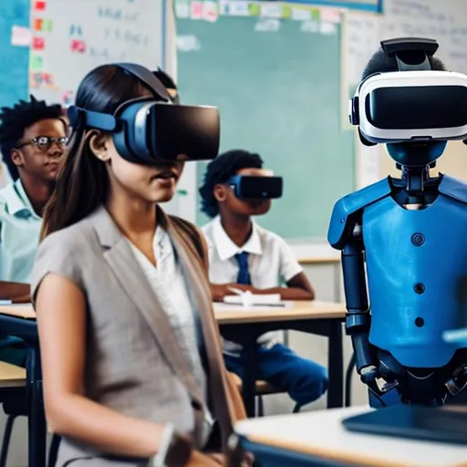Prompt: AI bot with vr set teaching as a teacher on a board while humans sitting in a classroom learning universal digital dialect from AI bot
