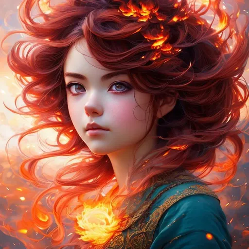 Prompt: an fire dragon girl, anime fire girl, fire horns, using fire powers, smooth soft skin, big dreamy eyes, beautiful intricate colored hair, symmetrical, anime wide eyes, beautiful eyes, soft lighting, detailed face, by makoto shinkai, stanley artgerm lau, wlop, rossdraws