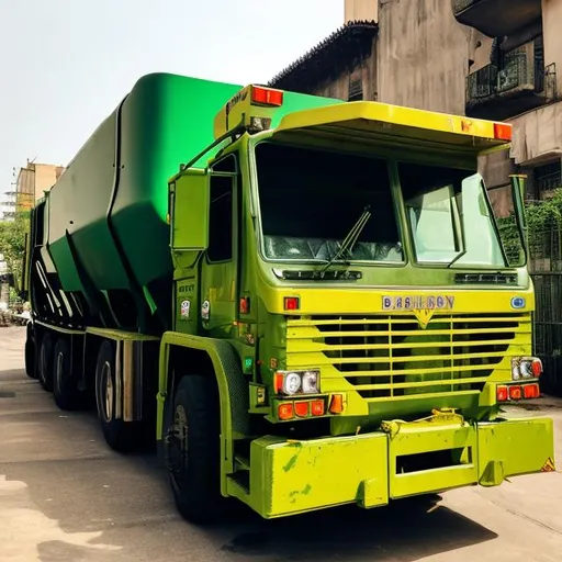 Prompt: Armoured yellow as d green garbage truck 