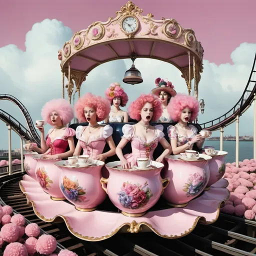 Prompt: women dressed like flowers and drinking out of ornate teacups, surrealism, riding a roller coaster, carnival, pink poodles