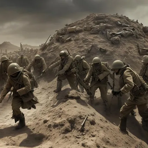 Prompt: trench warfare, scifi, realistic, army, soldiers, gas attack, trench, desert, mountain trench