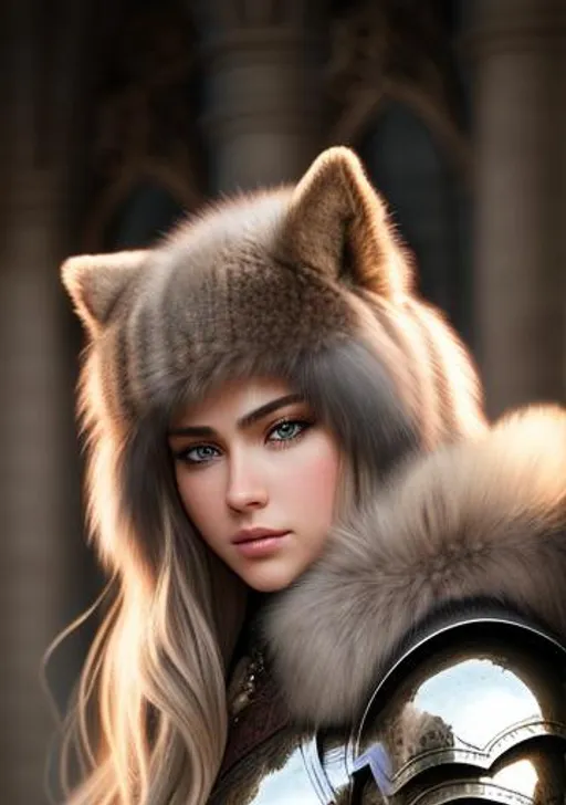 Prompt: long shot super detailed lifelike illustration, intricately detailed, dramatic lighting, large muscles, gorgeous detailed face, wearing armor, girl with long fur  in the paris