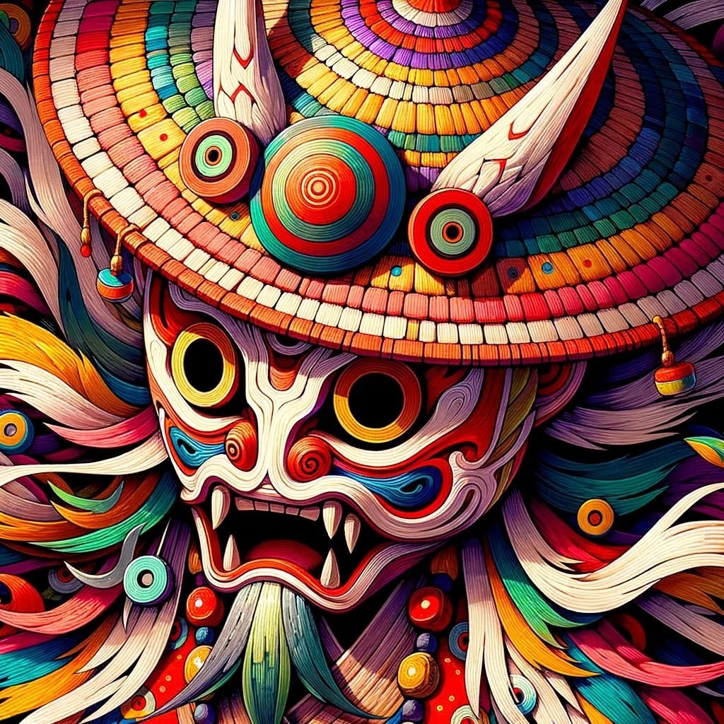 Prompt: the character in the colorful hat, in the style of masks and totems, dynamic brushstrokes, ps1 graphics, unique yokai illustrations, bold patterned quilts, 32k uhd, speedpainting in square ratio