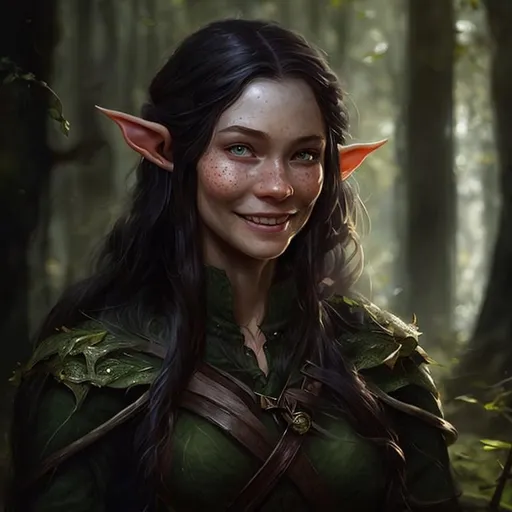 Prompt: a portrait of a female forest elven ranger smiling kindly, with tan skin, with long hair, she has freckles, dark ambient, beautiful elf, d&d fantasy, ambient light, highly detailed, black and yellow scheme, art by artgem and greg rutkowski