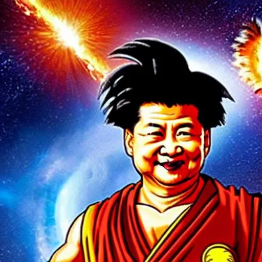 Prompt: ((Xi Jinping)) with spiky hair cosplaying as Goku from Dragon Ball Z: Kai powering up strong in space 2011 8k cinematic still 