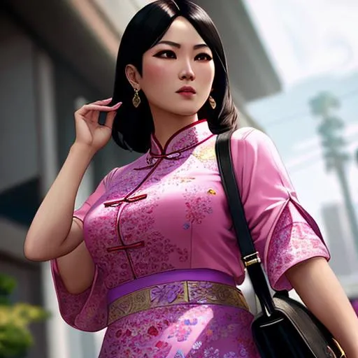 Prompt: asian gangster in Grand Theft Auto 5, beautiful, sunny day, highly detailed, realistic, los santos, pink cotton fabric cheongsam texture, soft lighting, symmetry, fashion, ultrarealistic,full body, world masterpiece, perfect composition, intricate details, hyperrealistic, super detailed, Azulejo, HDR, 8k, high quality, unreal engine