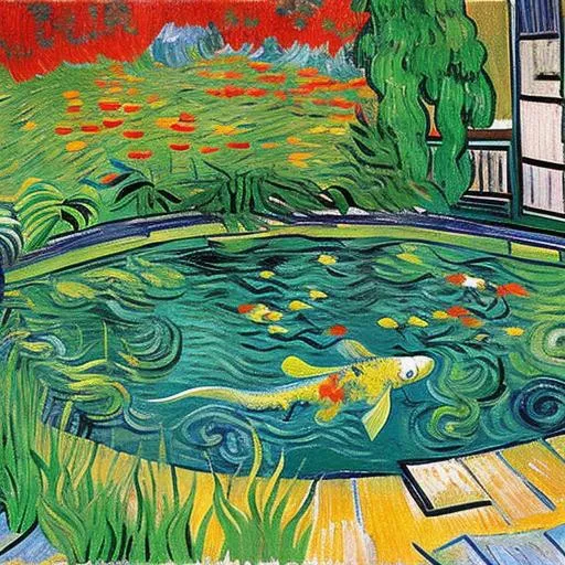 Prompt: A koi pond painted by Van Gogh 