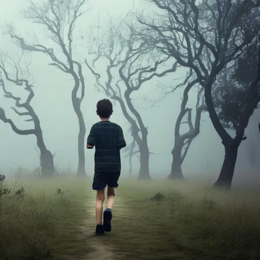 Prompt: A boy in the distance  running away from the viewer in a dark foggy glade  his legs disappear in the the fog that covers the entire ground 
