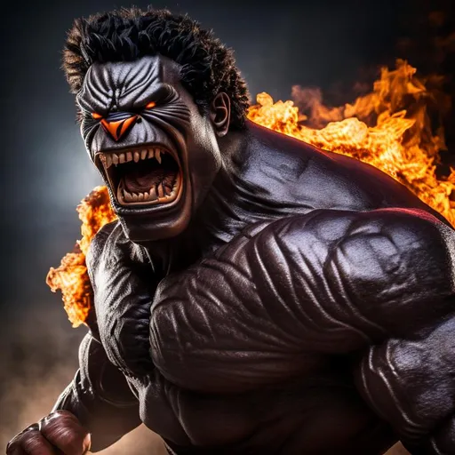 Prompt: High-resolution hyperrealistic photo of {shadow-king} amahl-farouk merged with bruce-banner [incredible-hulk], inky purple-black skin, {burning-orange eyes}, vicious grin, filed teeth, deep-shadows, possession, photorealistic, highly detailed, uhd, hdr, 64k