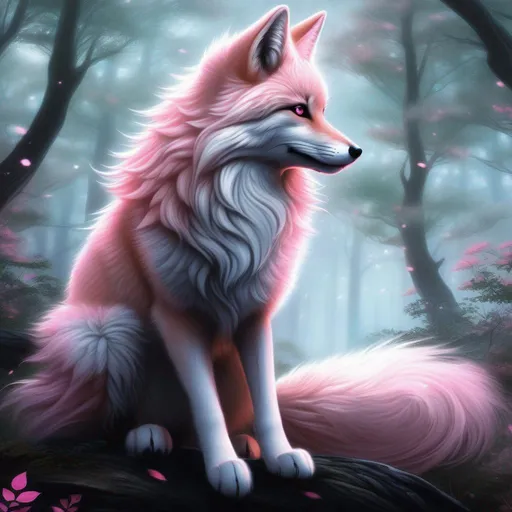Prompt: (masterpiece, 2D, ultra detailed, epic digital art, professional illustration, fine colored pencil), Adolescent runt ((kitsune)), (canine quadruped), nine-tailed fox, dreamy pink eyes, fuzzy {black-silver} pelt, pointy silver ears, in a large forested clearing, trees tower above her, misty rain, clear puddles on floor, the forest lights up against twilight, possesses ice, timid, curious, cautious, nervous, alert, expressive bashful gaze, slender, scrawny, fluffy mane, {frost} on face, dynamic perspective, frost on fur, fur is frosted, sparkling ice crystals in sky, sparkling ice crystals on fur, sparkling rain falling, frost on leaves, dreamy, melodic, highly detailed character, petite body, large ears, full body focus, perfect composition, trending art, 64K, 3D, illustration, professional, studio quality, UHD, HDR, vibrant colors