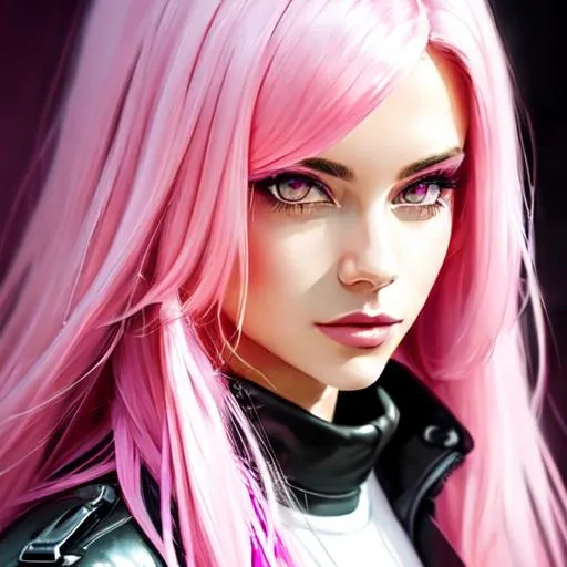 Prompt: Long light pink hair, Jacket, white crop top, boots, Black and neon pink pants, Military, pink eyes, Cyberpunk, mature, highly detailed, Masterpiece, serious expression, Technology based, Lab, Experimenting, Beautiful face, Caucasian, Icon, portrait 