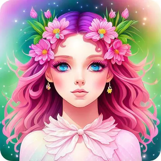 Prompt: a young fairy of spring, very curly hair, pink glow on cheeks,wildflowers, vivid colors, closeup