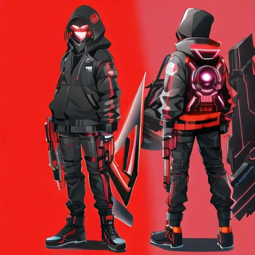 Prompt: Male character, black but red neon gas mask, cyber netrunner hood (black but neon red), neon red Sword In its Back, Red Mecha Cyber Jacket, black jeans, red shoes