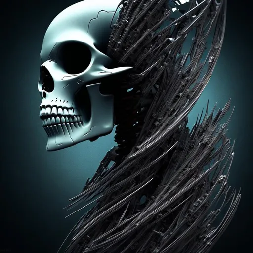 Prompt: evil skull Robot.
Creepy anatomical part.
Dark mood.
Horror dettail.
Simmetrical artistic effect.