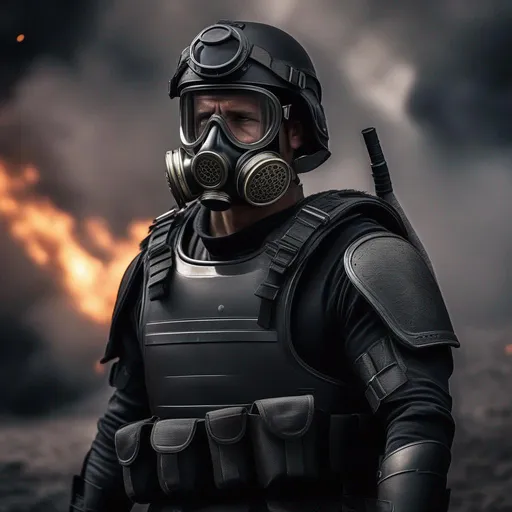 Prompt: A  modern roman military male in black military roman armor, and gas mask, crying,last day in earth,Hyperrealistic, sharp focus, Professional, UHD, HDR, 8K, Render, electronic, dramatic, vivid, pressure, stress, traumatic, dark.