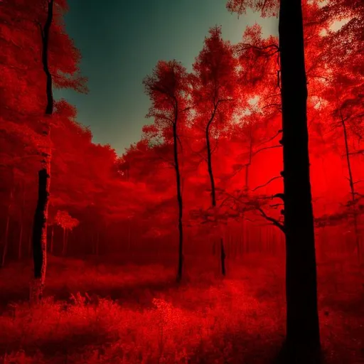 Prompt: red forest on an afternoon with a light source