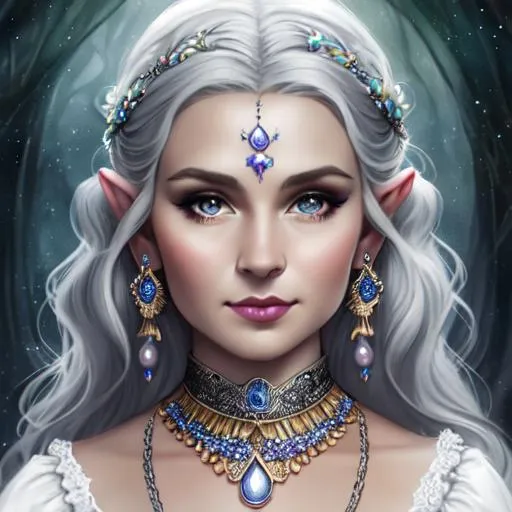 Prompt: a Portrait of Rosie Cotton the hobbit, very heavy makeup, with medium-length gray-white hair, wearing jewelry and bangles, spooky, celestial, perfect composition, highly detailed, intricate details, HD