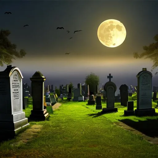 Prompt: high-res, quality upscaled image, perfect composition, 18k composition, 16k, 2D image, cell shaded, features, graveyard, cemetery, bird's eye view, overhead graveyard, graveyard fantasy, spooky cemetery, nighttime, spooky, cemetery, bones, skeleton, scary, gravestones, worn down, old, tathered, moon out