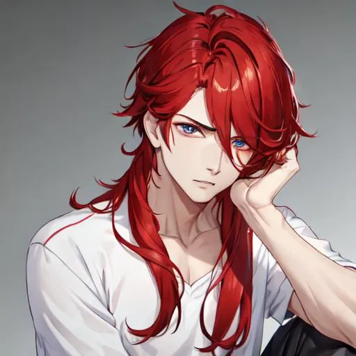 Prompt: Zerif 1male (Red side-swept hair covering his right eye) upset, sad, casual wear, UHD, 8K, highly detailed