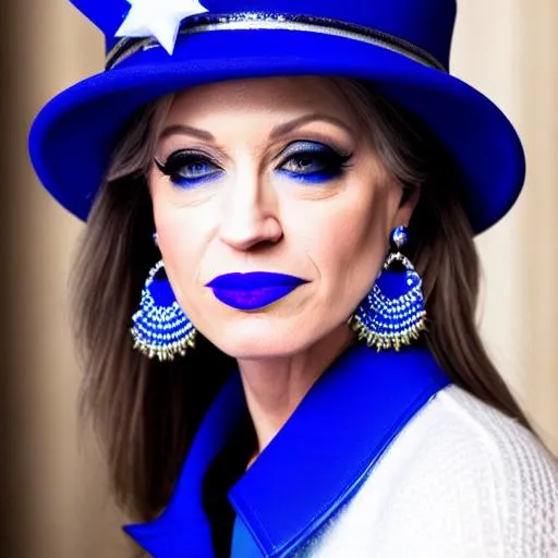 Prompt: Emma Stone and Kellyanne Conway in bunker, blue lipstick, candy pleasant face, blue eyes, white eyeshadow, Sugar Hat, Decagon Earrings. Blue heart necklace, Rifles, Neutral color scheme, ultradetailed, 8k resolution, perfect, smooth, high quality, shiny. 