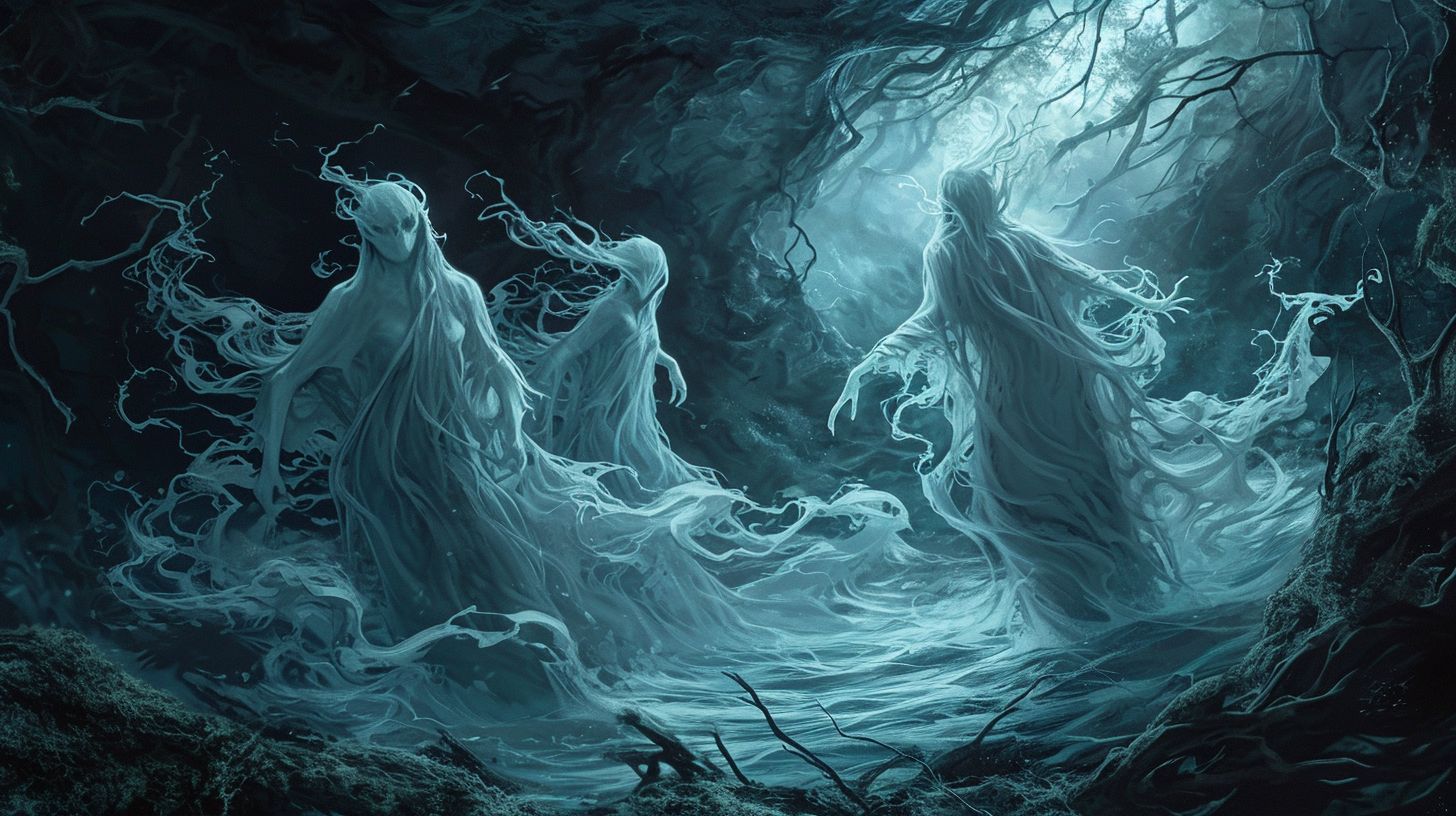 Prompt: ghostly figures emerge from the whirlpool of nightmare