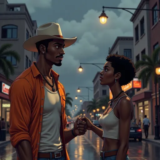 Prompt: Rain-soaked city street at twilight. Cinematic wide shot as @TRzJfEbYXKjmZAhFV8fB  stands under a lone streetlamp holding out his hand. A beautiful Black woman steps into frame from the shadows, visibly upset but drawn to his grounded energy. Her curly hair is damp, eyes glassy with emotion. As her hand reaches his, her posture relaxes—trust replacing tension. Duke remains still and firm, shielding her emotionally and physically. The storm rages behind them, but within Duke’s presence, she finds peace.