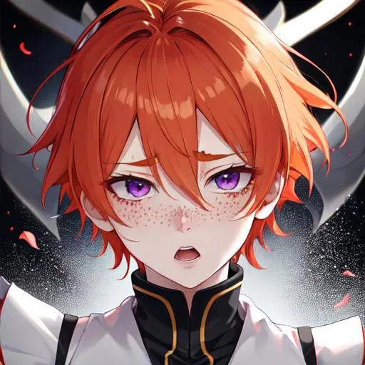 Prompt: Erikku male adult (short ginger hair, freckles, right eye blue left eye purple) UHD, 8K, Highly detailed, insane detail, best quality, high quality,  anime style, in purgatory, yelling, upset, crying out for help