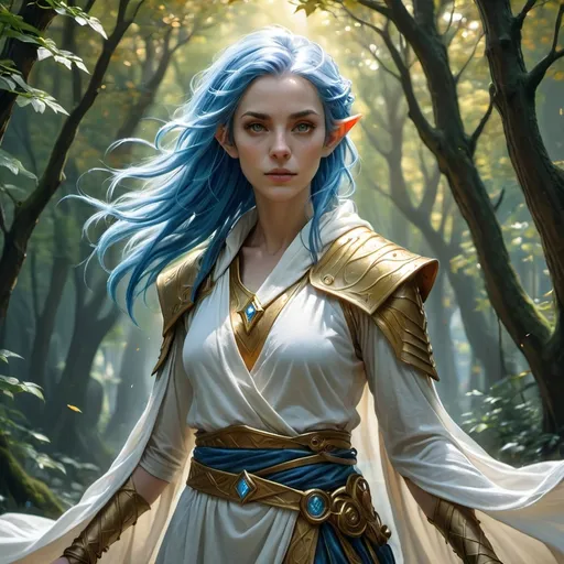 Prompt: Female high elf monk, striking blue hair cascading elegantly, adorned in flowing white and gold robes that shimmer in the light, serene expression merged with calm strength. Background of an ethereal forest setting, dappled sunlight filtering through majestic trees. Exquisite detailing, mystical atmosphere, intricately designed robes, peaceful ambiance, fantasy art style, ultra-detailed, 4K resolution.