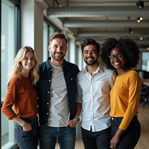 Prompt: Une équipe de 4 personnes avec un product manager féminin de type caucasien, un tech leader caucasien, un développeur informatique coréen et un commercial afro américain dans les bureaux d'une société spécialisée dans la finance décentralisée et la blockchain. tous agés entre 25 et 35 ans