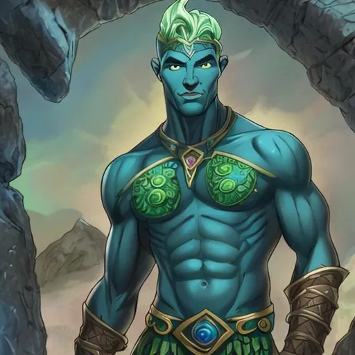 Prompt: muscular, blue-skinned Atlantean male with green hair


