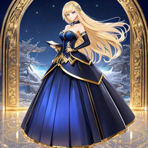 Prompt: anime opening Full-body detailed masterpiece, fantasy, high-res, quality upscaled image, perfect composition, blue moonlight background. An unbelievably beautiful, elegant lady, has short shoulder-length platinum-blonde hair and golden eyes. Wears dark blue bellgirl outfit with matching high heel shoes and uses black and golden accessories. She holds a blue grimoire in her hand.