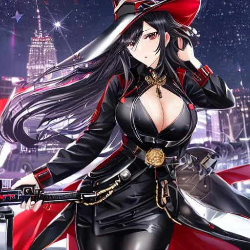 Prompt: Beautiful woman with striking features, shimmering black eyes, black hair, black coat with silver accents and red embellishments, future style, a rifle in right hand, holding a futuristic helmet in left arm, standing in the night, high quality