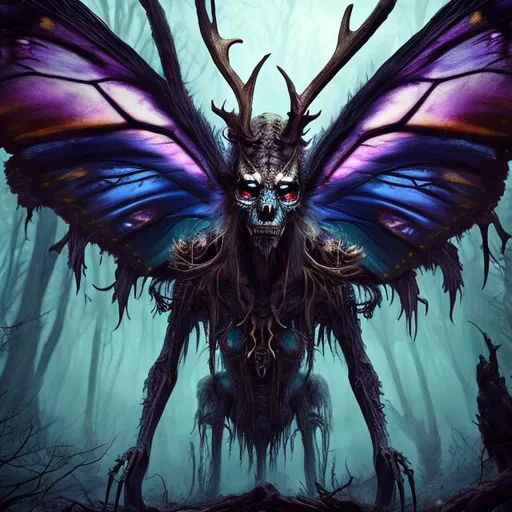 Prompt: Butterfly wendigo monster, human looking, digital illustration, eerie forest setting, surreal and colorful, intricate wings, haunting gaze, supernatural creature, detailed fur and antlers, high quality, highres, vibrant colors, fantasy, eerie, detailed eyes, surreal, atmospheric lighting