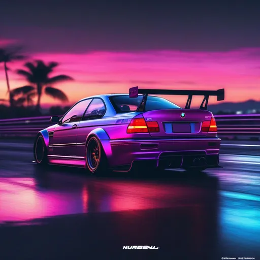 Prompt: 2001 BMW M3 E46 GTR, synthwave, aesthetic cyberpunk, miami, highway, dusk, neon lights, coastal highway, dusk, neon lights, coastal highway, sunset, drift, nurburgring