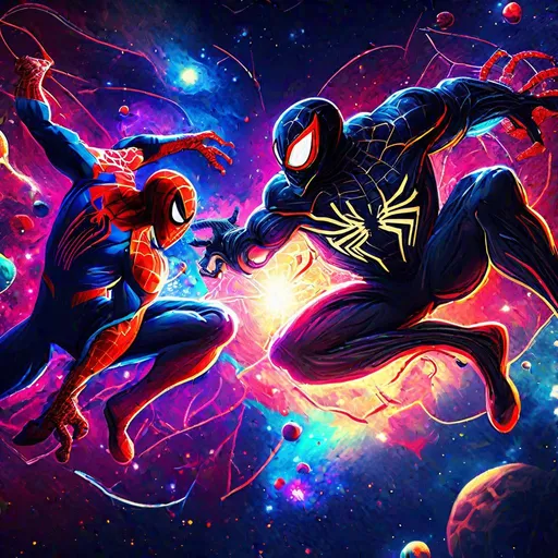 Prompt: Spiderman VS venom, space background filled with galaxies, nebulas, stars and blackholes, bright colors, planets, solar systems, vibrant colors, HD, 4K, professional brush work, detailed, cinematic shot, better