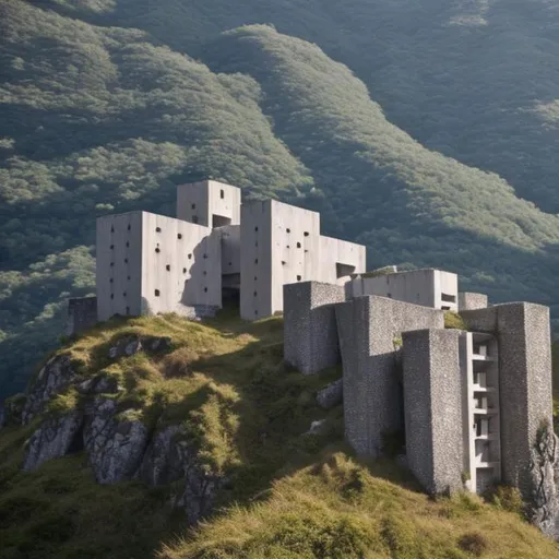 Prompt: small castle on the side of a Mountain, brutalist architecture 