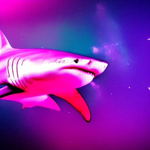 Prompt: color splash photo, shark, purple neon lighting, in the ocean, nebula background