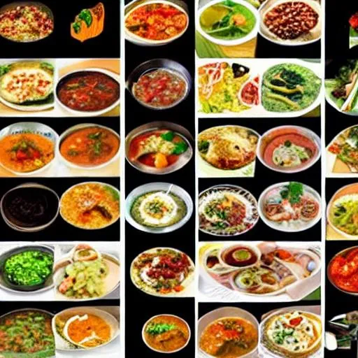 Prompt: A graphic showcasing the variety of cuisines available on CFD, with images of popular dishes from different regions of India.