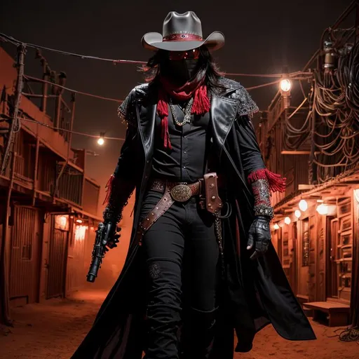 Prompt: Cyber Cowboy with 4 Arms, fiery red Poncho, Dressed in black duster and Stetson Cowboy Hat, with Red Sunglasses, Haunting Presence, Intricately Detailed, Hyperdetailed, Desert Wild West Landscape, Dusty Midnight Lighting, Wild West Feel