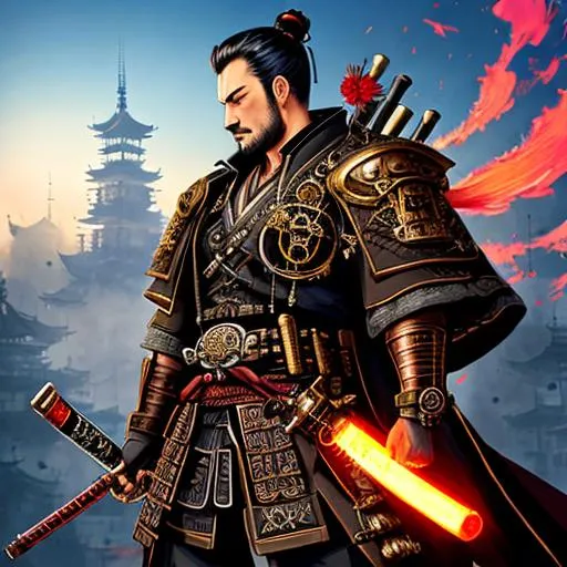 Prompt: Steampunk , Punisher as Samurai , highly detailed , skull crest , dynamic , concept art , lots of  dim colours , sharp focus , full body, city background , symmetrical , infographic.