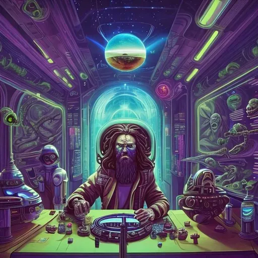 Prompt: widescreen, photo, painting, longshot, infinity vanishing point, overhead lighting, jesus and an alien smoking a crystal bong,  fancy table , in an exotic space cantina, stunning galaxy background
