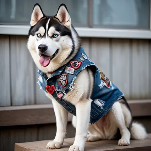 Prompt: Siberian Husky wearing a heavy metal music denim vest with patches