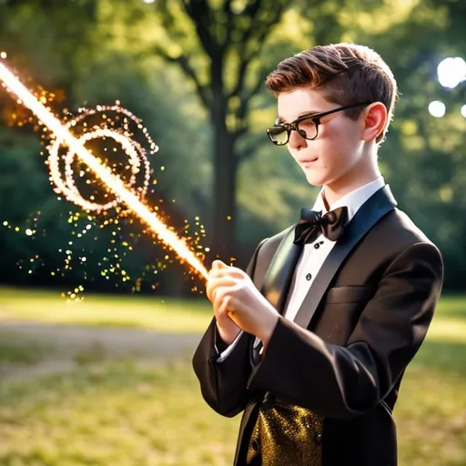 Prompt: 13 year old boy in a black tuxedo casting a gold sparkling magic spell with his magic wand in the park