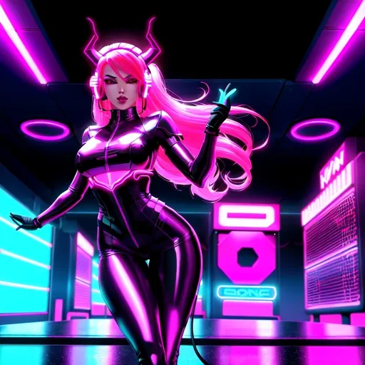 Prompt: a beautiful female demon in a dynamic pose in a retro futuristic synthwave cyberpunk neon paradise.  neon lighting, high quality, beautiful, synthwave, cyber, retro, futuristic