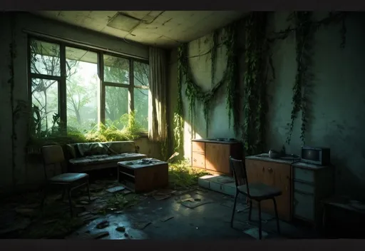 Prompt: Abandoned apartment interior overgrown with vegetation, The Last of Us video game style, desolate, decaying furniture, cracked walls, eerie atmosphere, high-quality, realistic, detailed, The Last of Us, overgrown, abandoned, desolate, decaying, eerie, atmospheric lighting, realistic, detailed textures, seen from angle